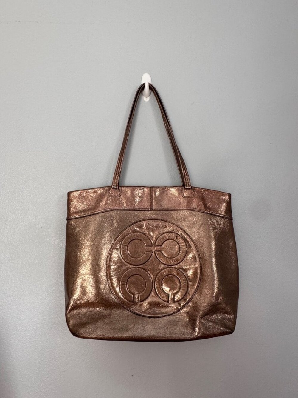 COACH Bag Op Art Julia Perry Metallic Gold Leather Laura Embossed Tote Purse - Picture 2 of 12